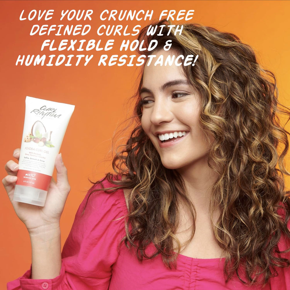 Curl Rhythm gel applied to wet curls in hands for even distribution