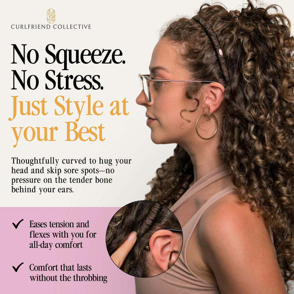 Curlfriend Collective model with curly hair wearing espresso headband for comfortable hold