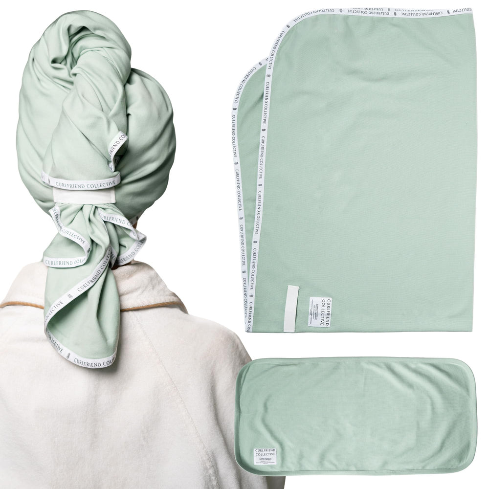 Curlfriend Collective front view of sage towel duo showing soft lightweight benefit