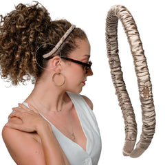 Curlfriend Collective front view of Gray Daze headband showing elegant silk finish and secure fit