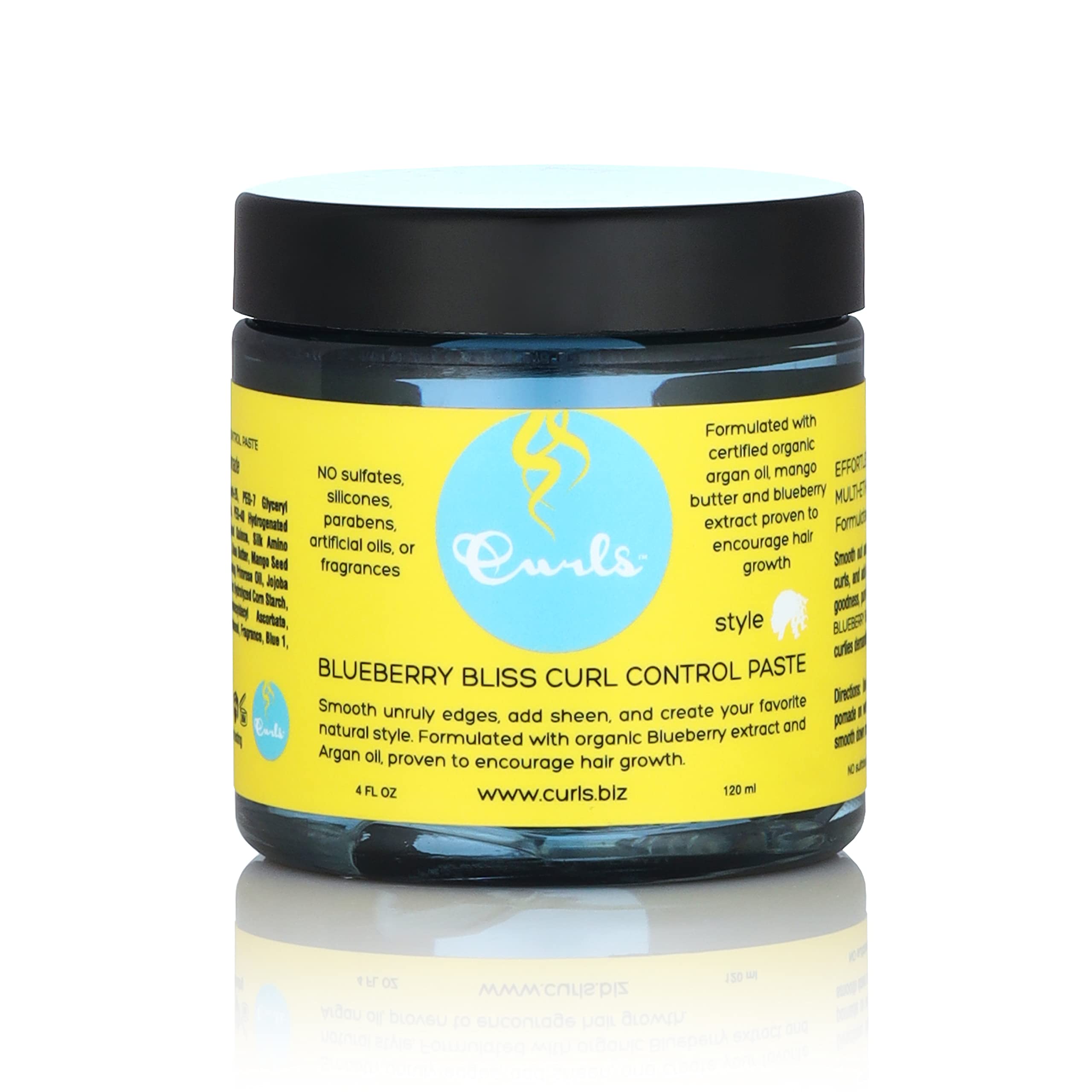 Curls Blueberry Bliss front jar showing label and size, conveys clear product identity and benefit