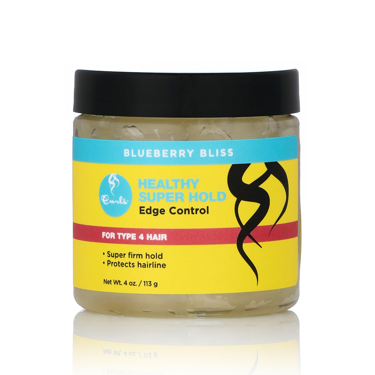 Curls Blueberry Bliss front jar shot showing label and 4 oz size for reliable styling hold