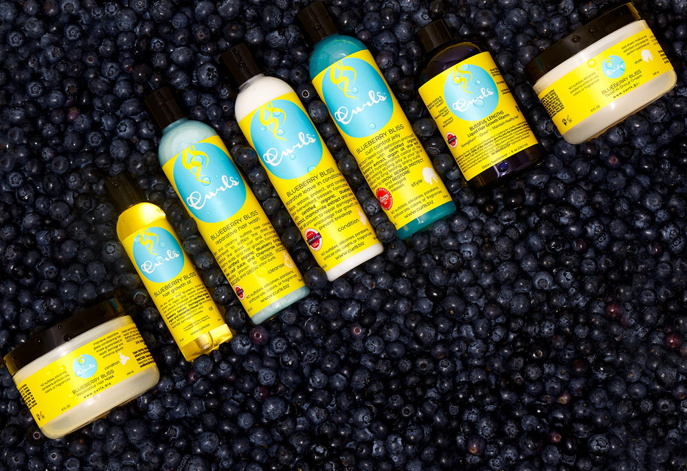 Curls ingredient label highlighting blueberry and natural extracts