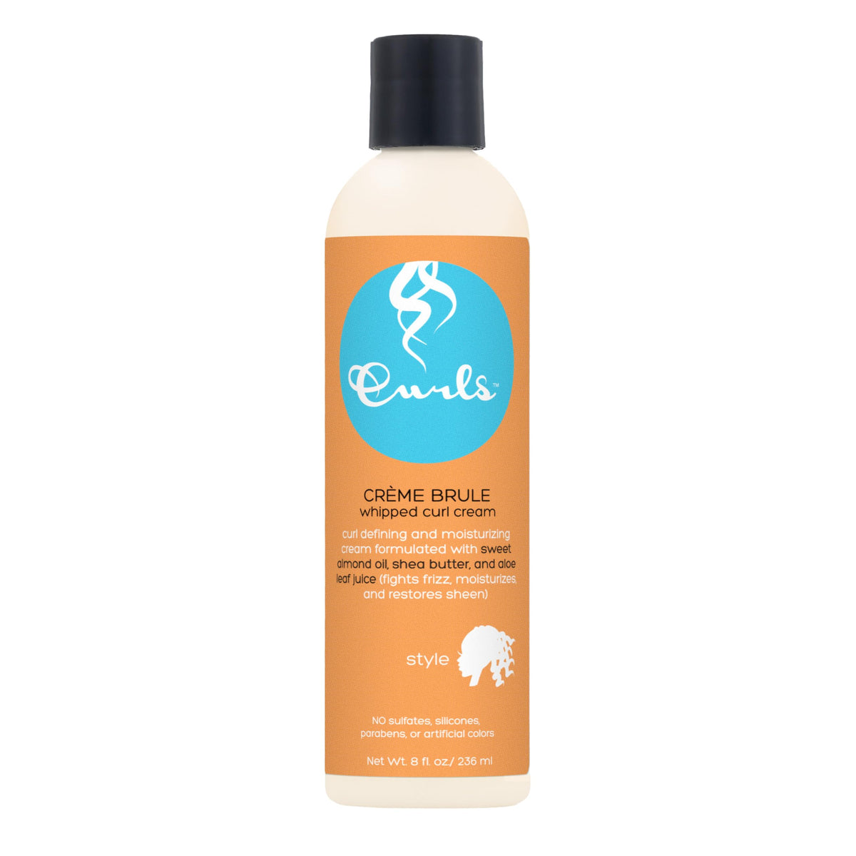 Curls crème brule front label showing jar and branding, highlights moisture benefits