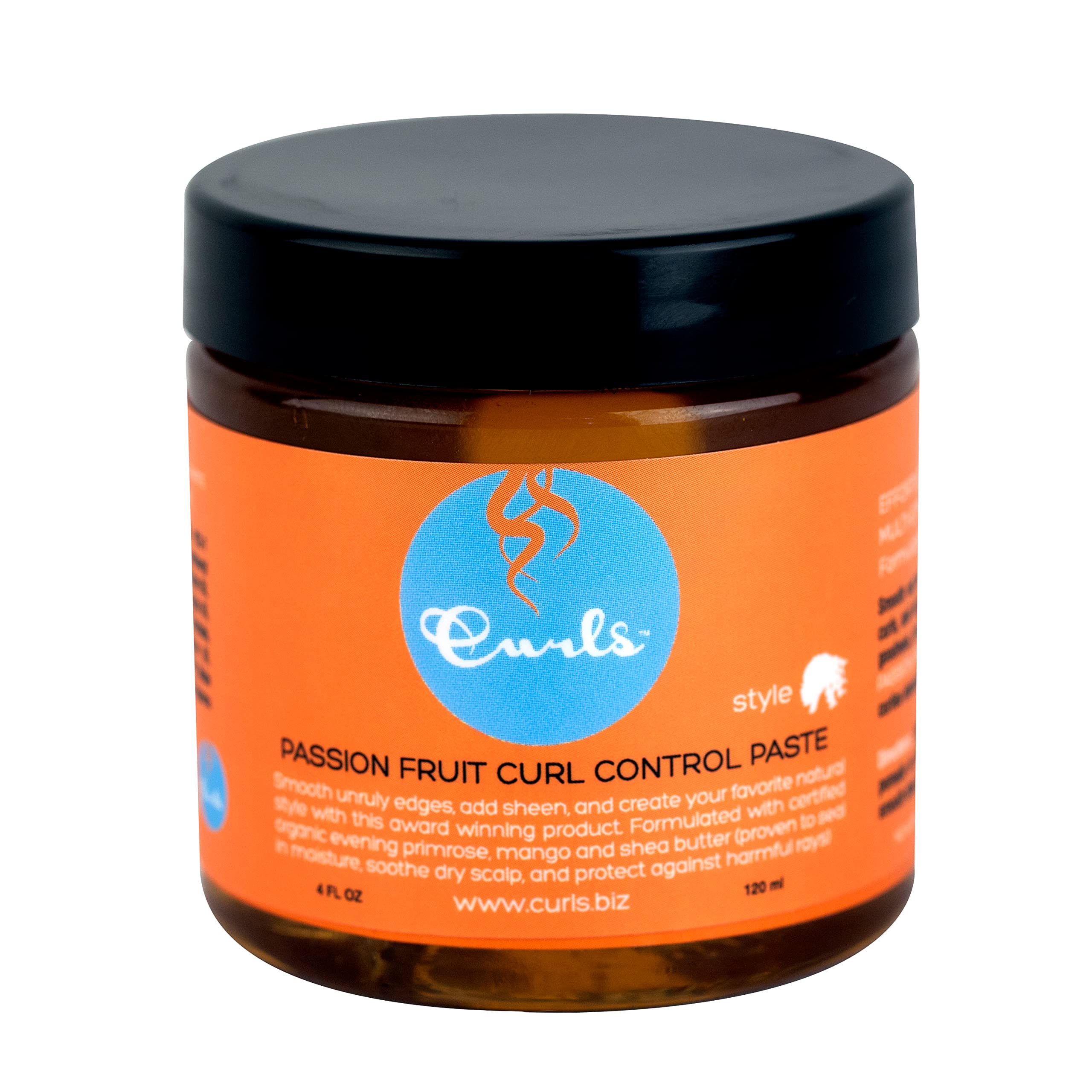 Curls jar front view showing label and 4 fl oz size provides clear product ID benefit