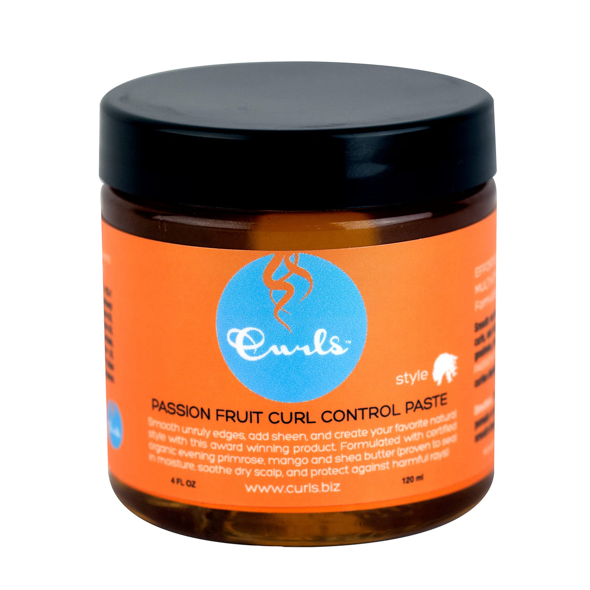 Curls jar front view showing label and 4 fl oz size provides clear product ID benefit