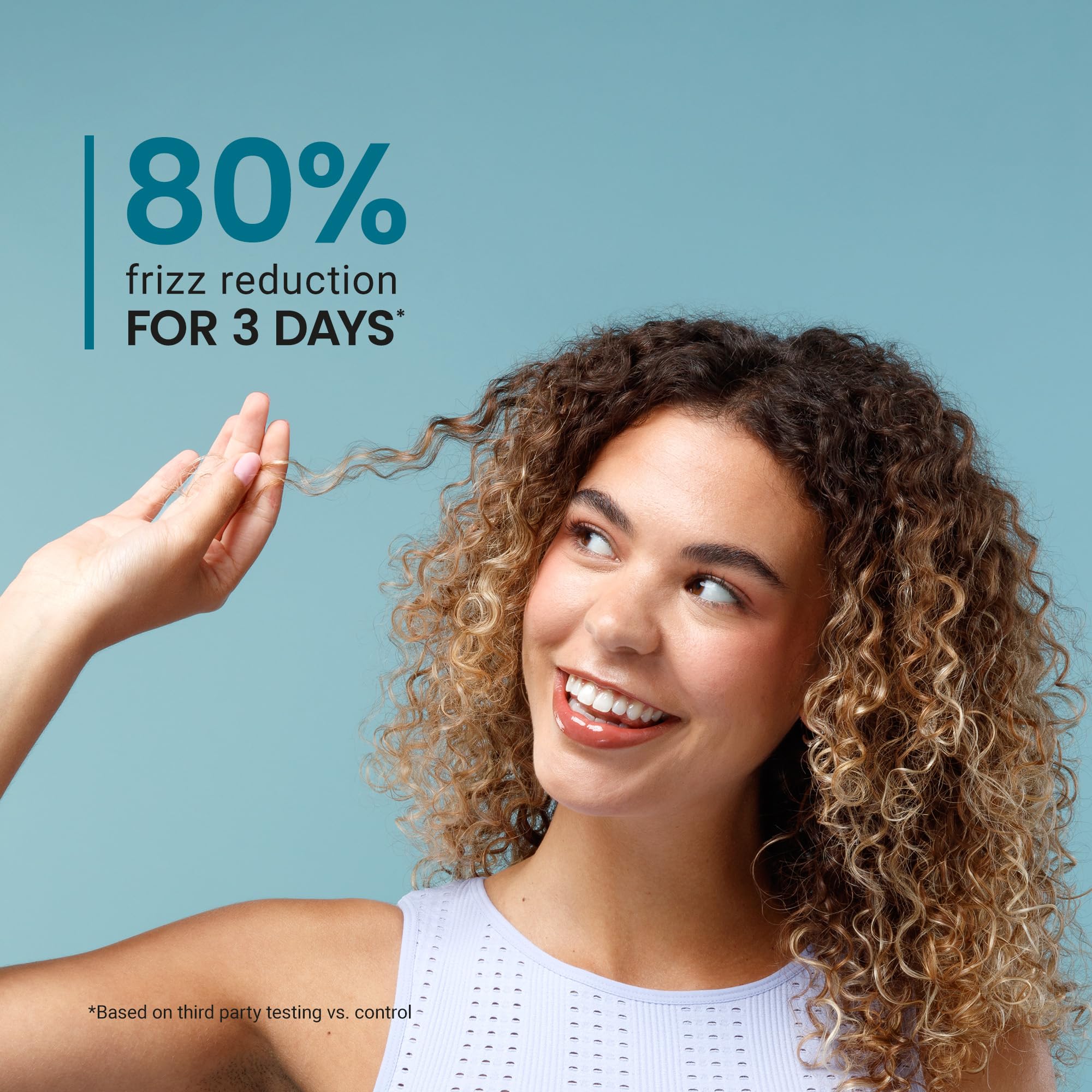 CURLSMITH diffuser styling scene showing defined curls and heat protection benefit