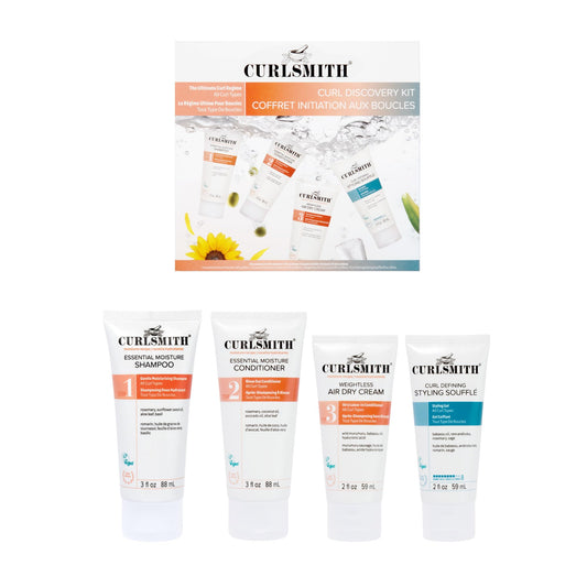 CURLSMITH kit front packaging showing four travel bottles and benefits