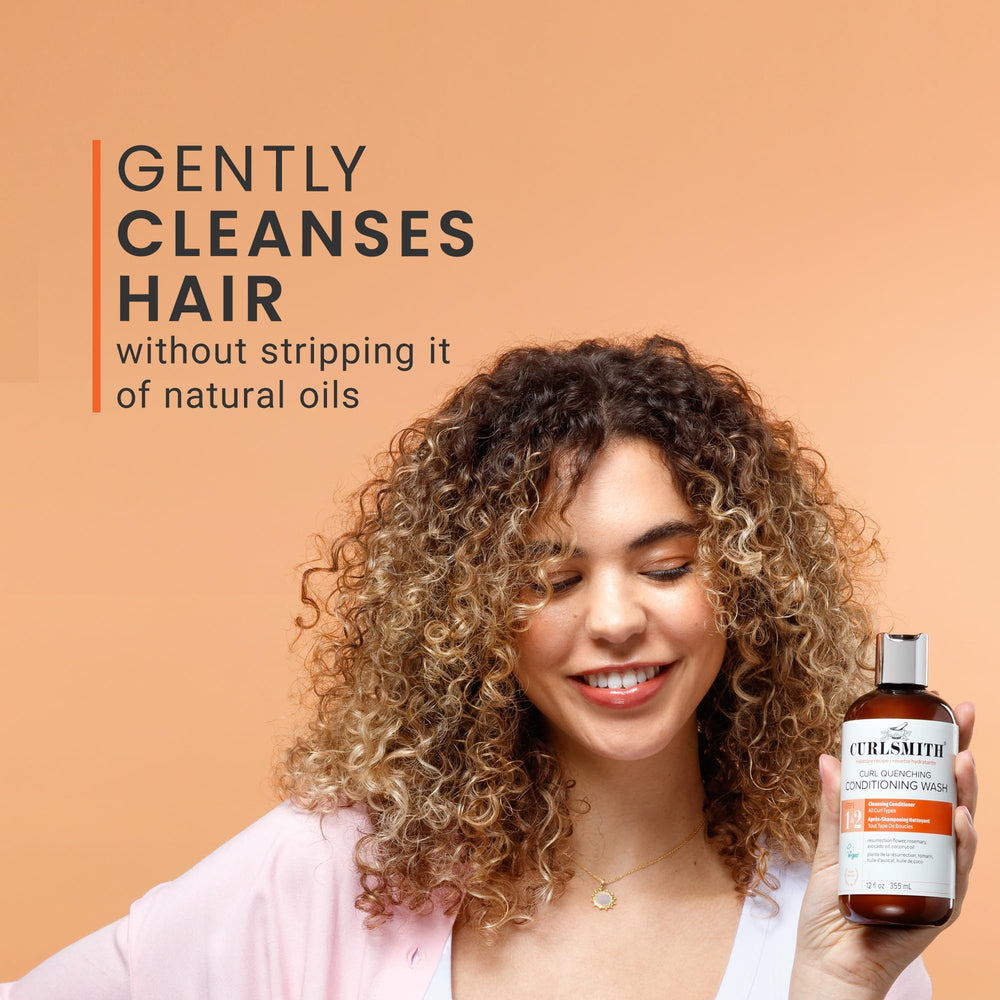 CURLSMITH 3 oz bottle next to hand illustrating compact travel-friendly size