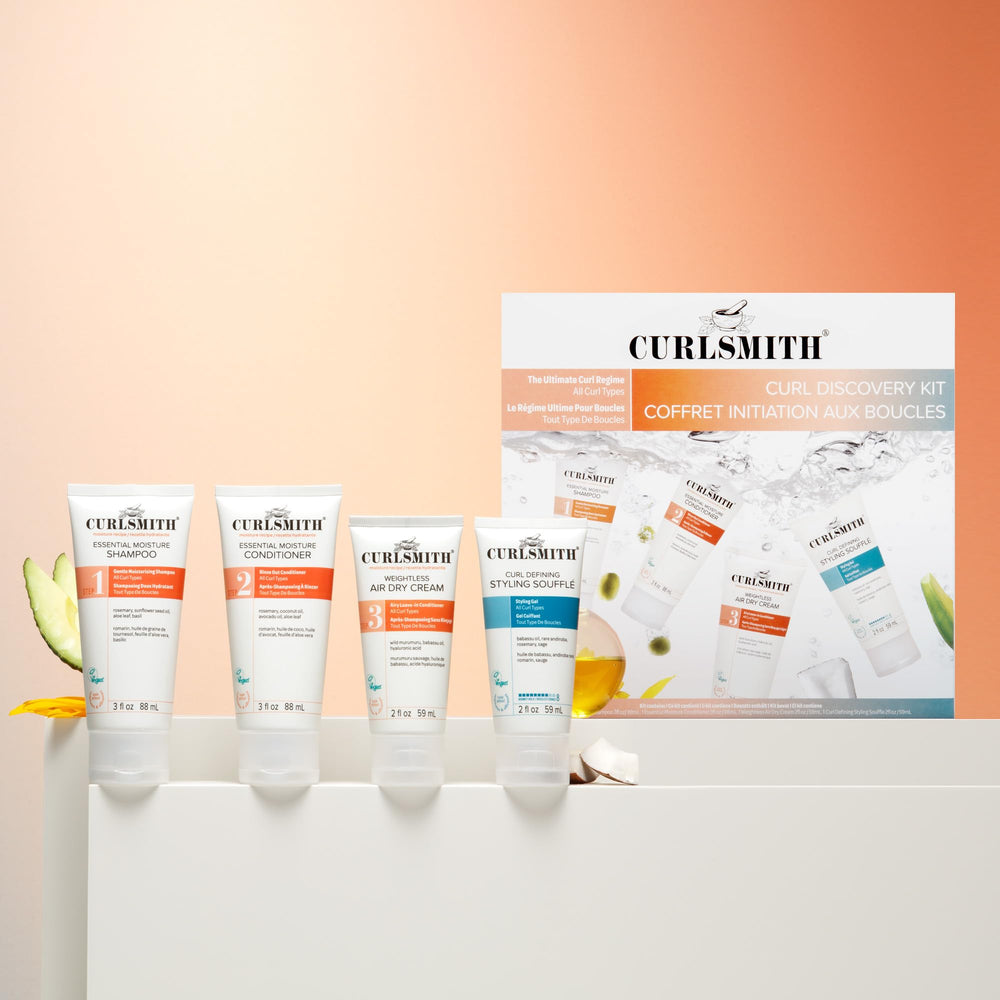 CURLSMITH travel sizes held in hand, compact size and portability benefit