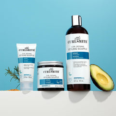 CURLSMITH jar staged on bathroom shelf in lifestyle setting conveying everyday use convenience