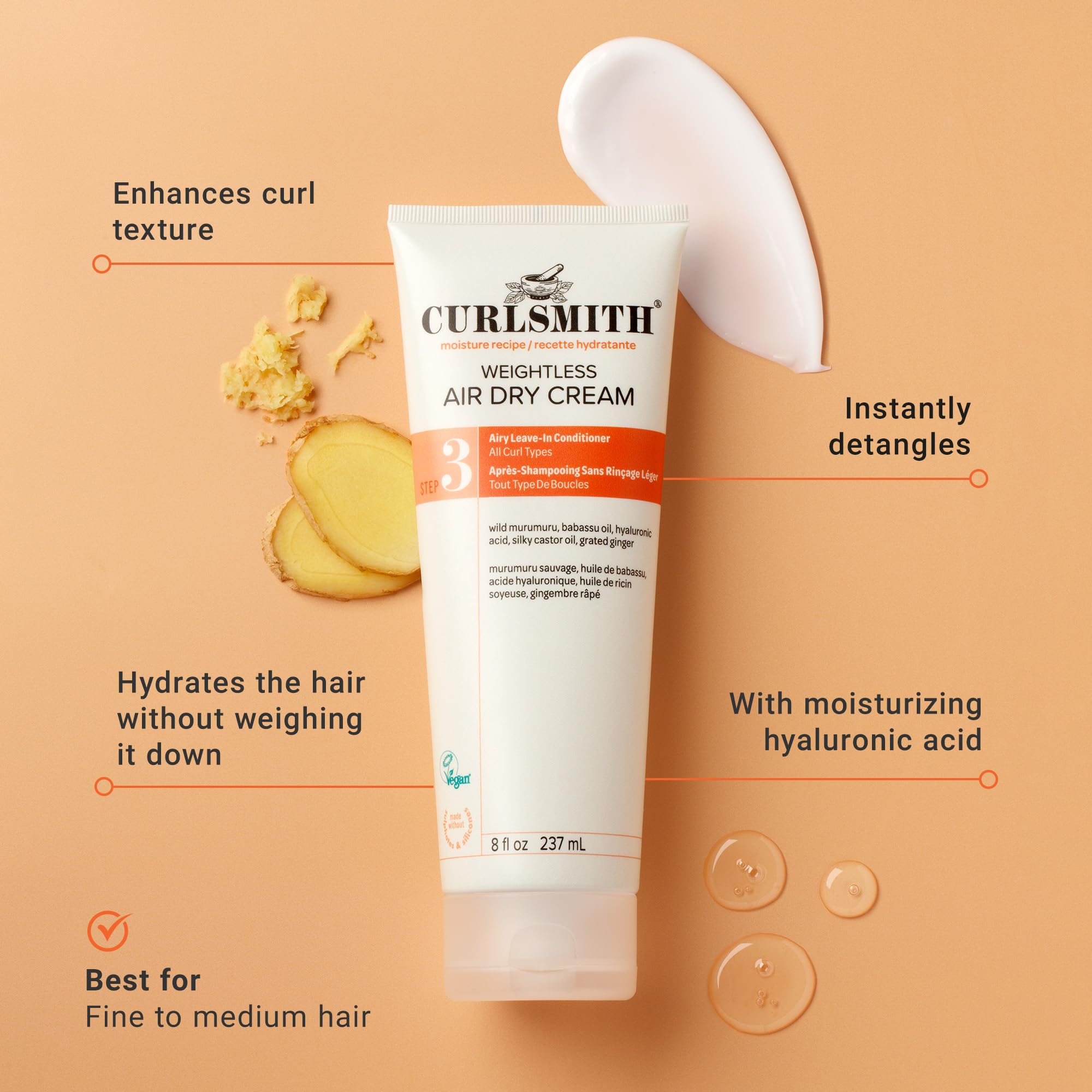 CURLSMITH silky cream texture close-up, highlights lightweight absorption benefit