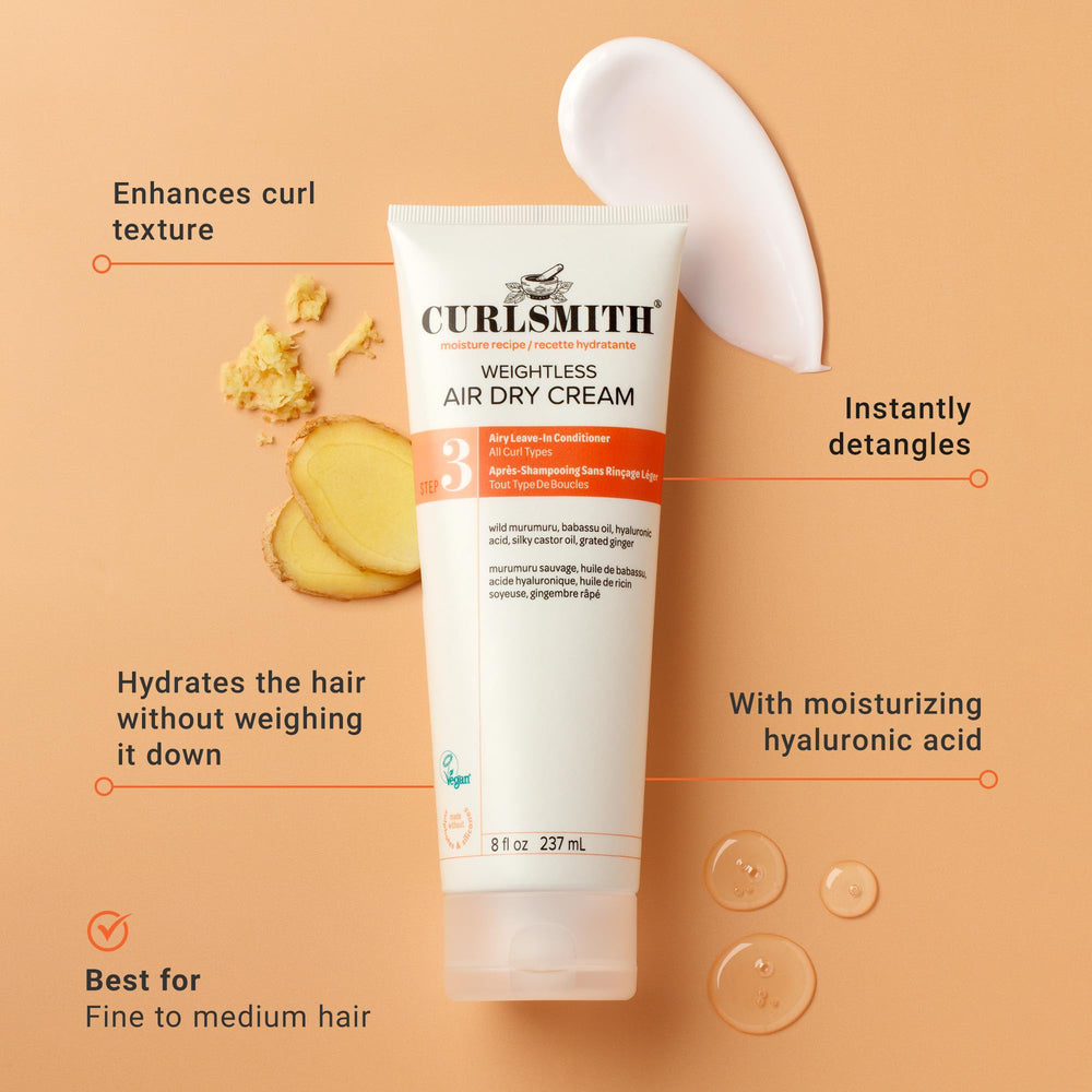 CURLSMITH silky cream texture close-up, highlights lightweight absorption benefit