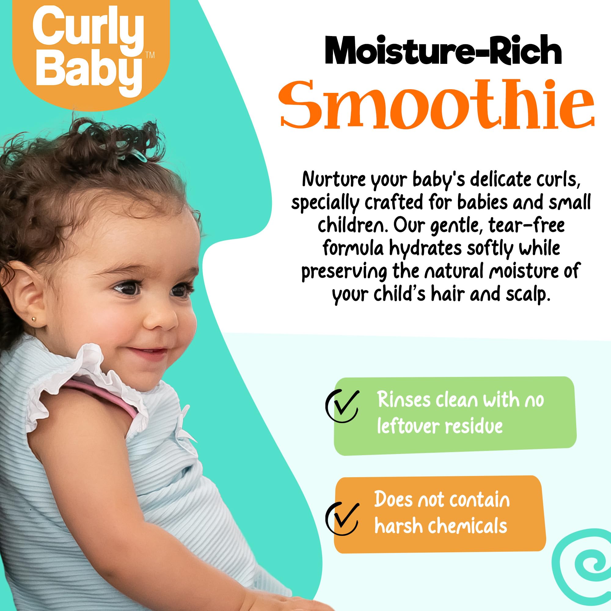 CurlyBaby label and ingredient list close-up highlighting gentle, hypoallergenic formula