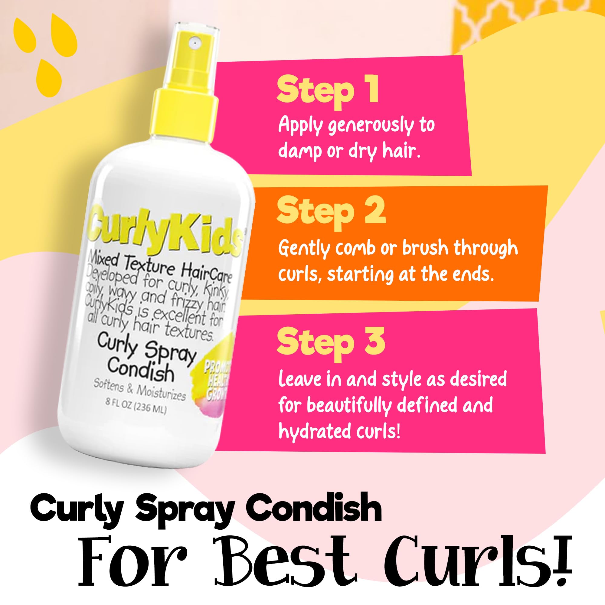 CurlyKids bottle resting on bathroom shelf as part of kids haircare setup