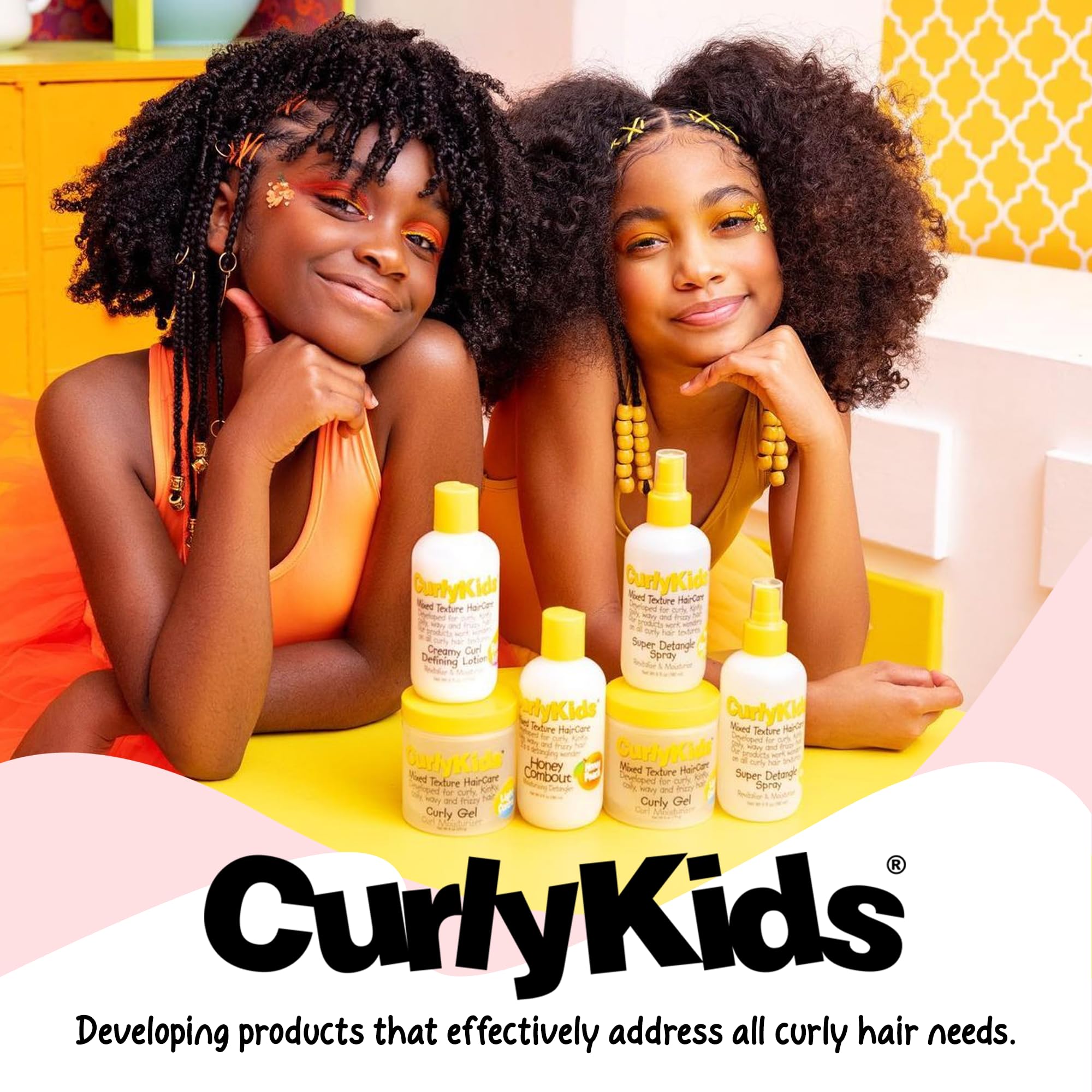 CurlyKids family using products in bathroom highlighting calm, faster detangling routines