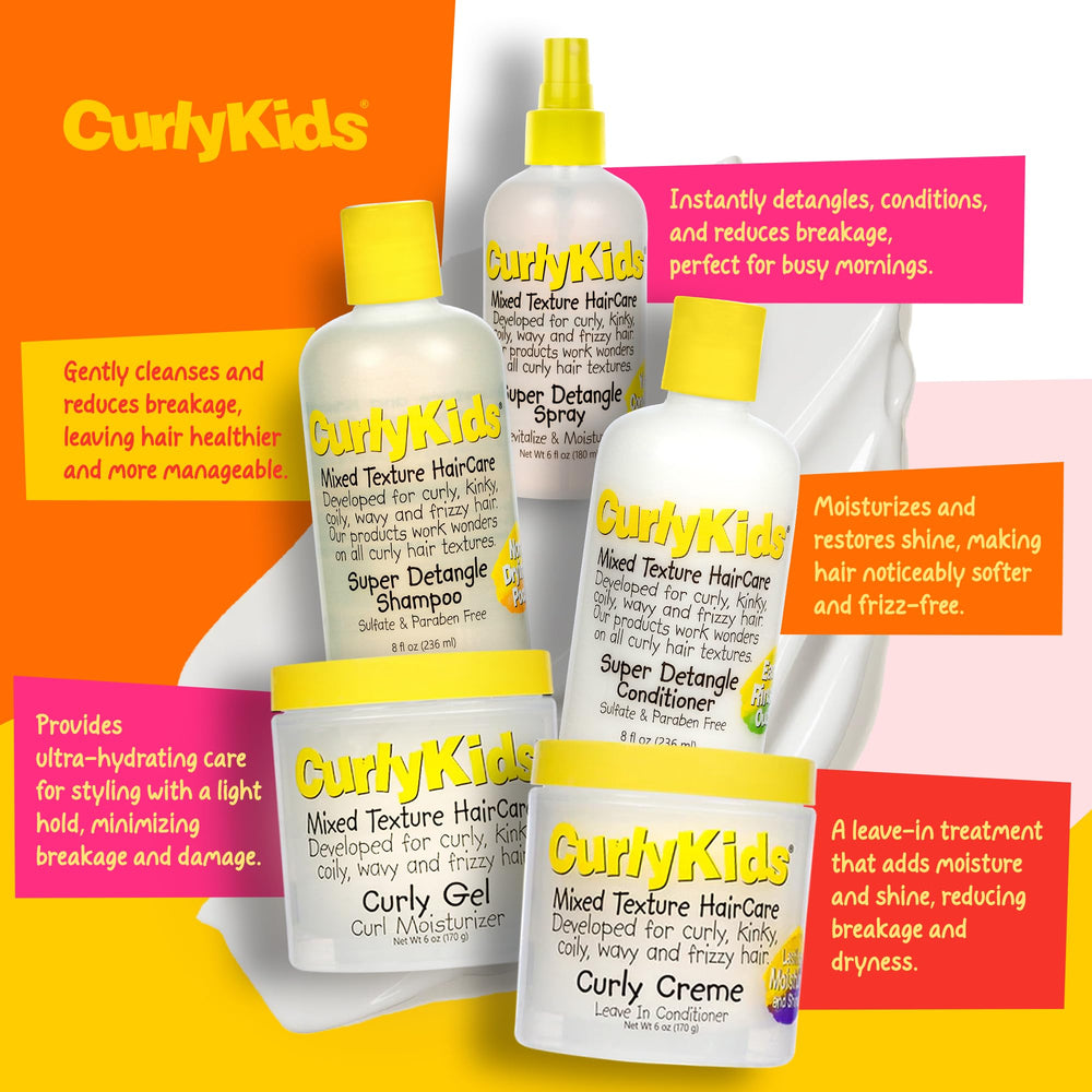 CurlyKids shampoo bottle label detailing gentle, sulfate-free formula for sensitive scalps