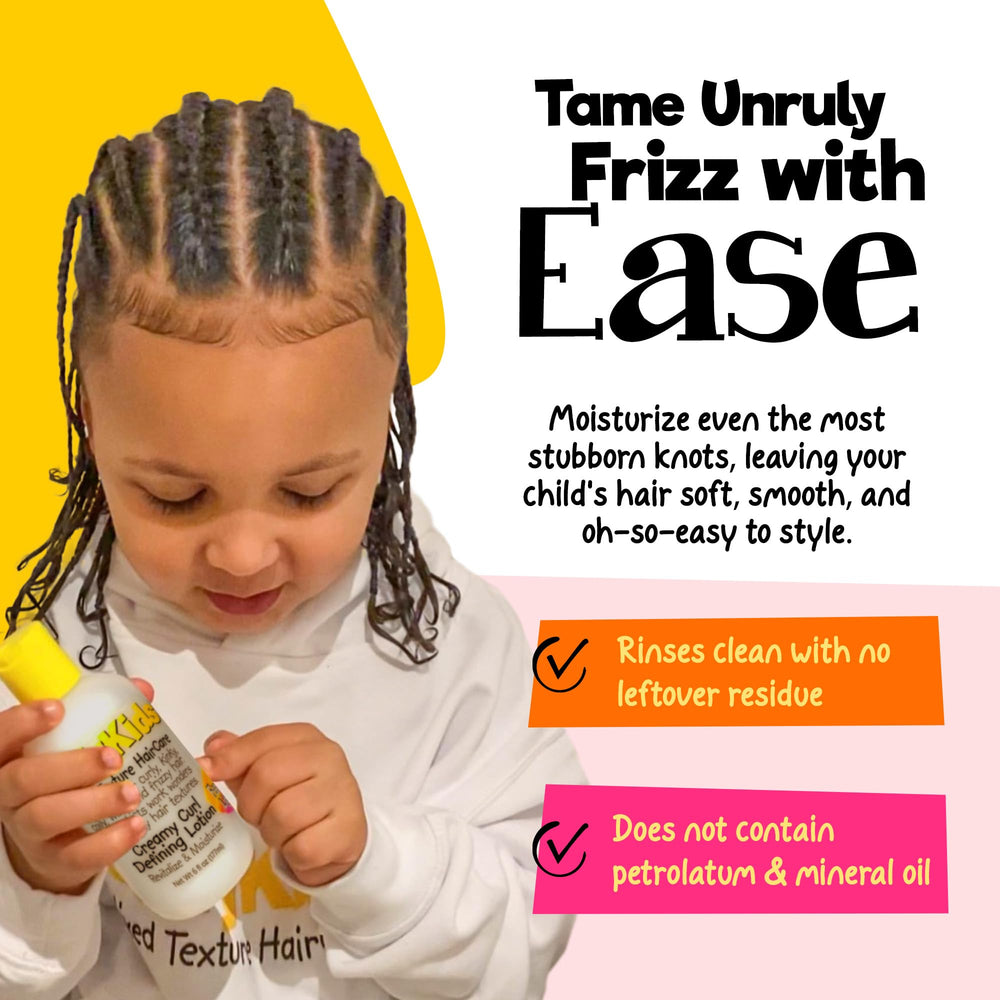 CurlyKids 6oz bottle next to a hand for size and portability reference