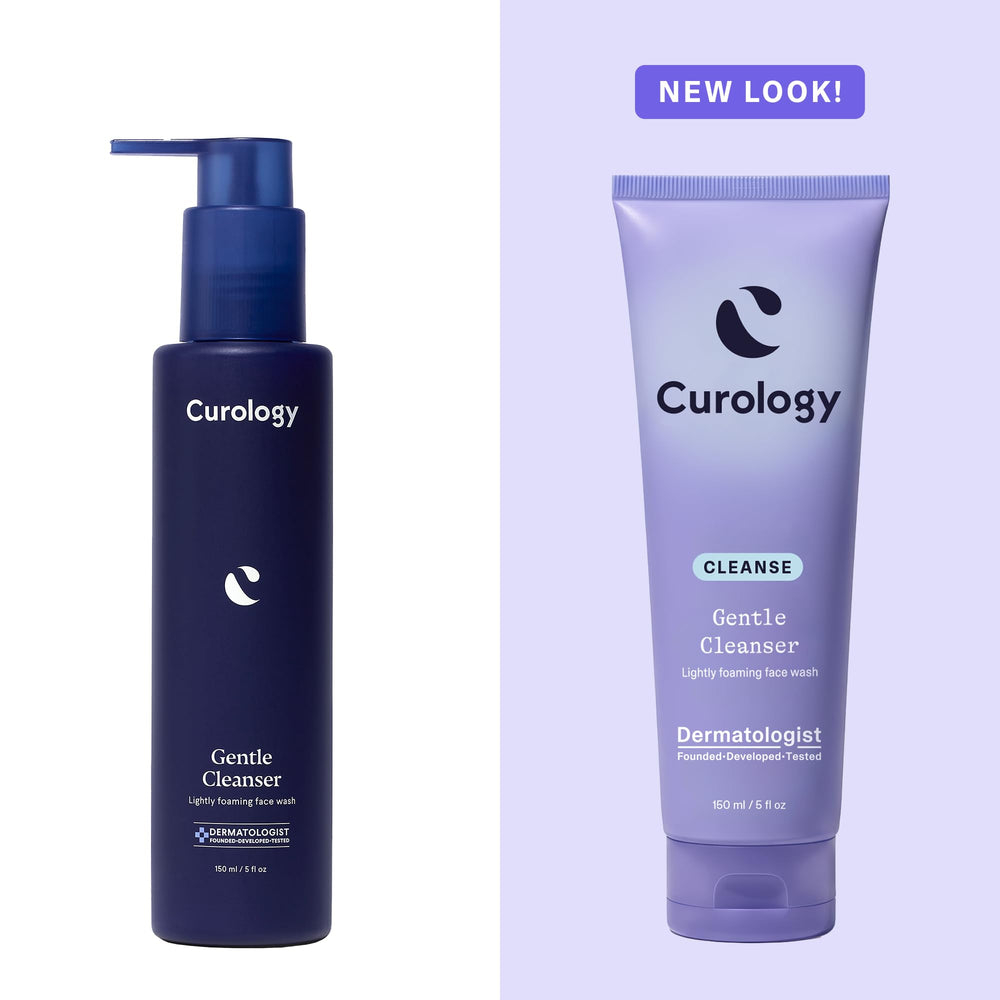 Curology cleanser on bathroom vanity conveying everyday skincare simplicity