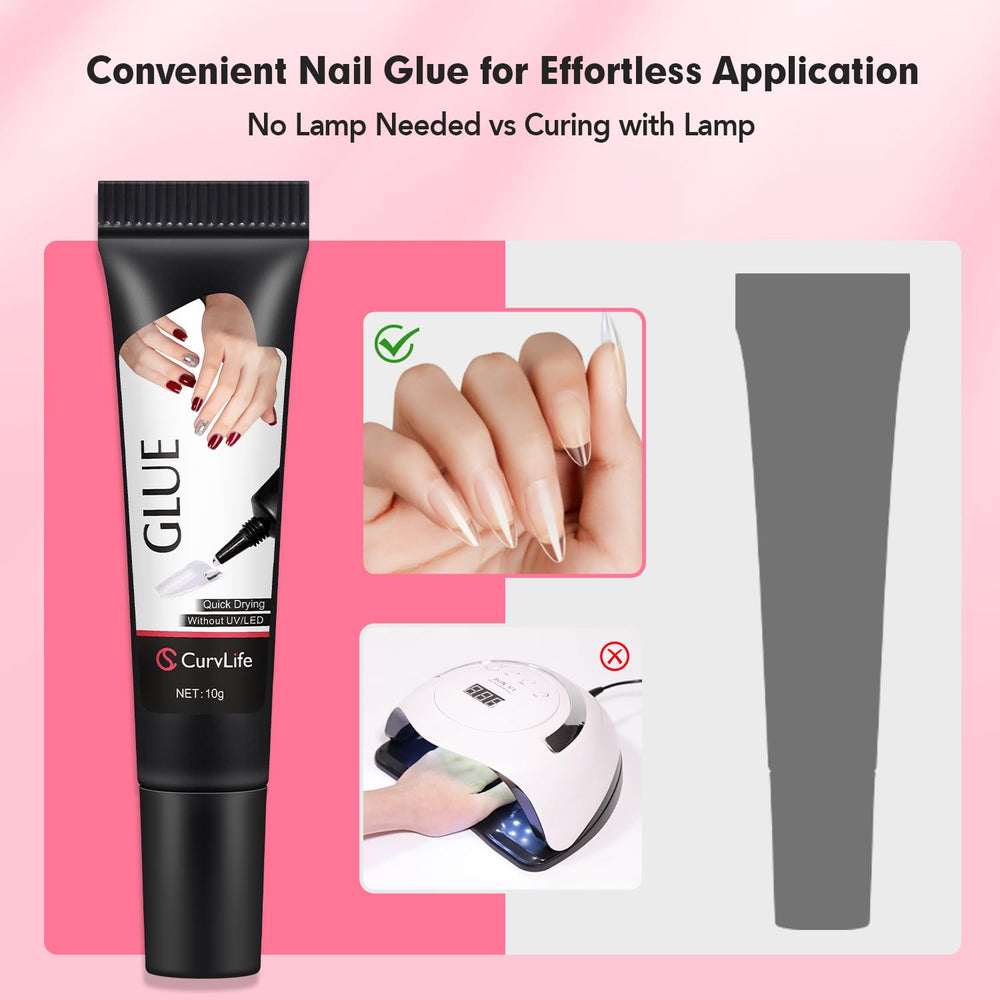 CurvLife glue being used to press on nail tips for neat, long-lasting results