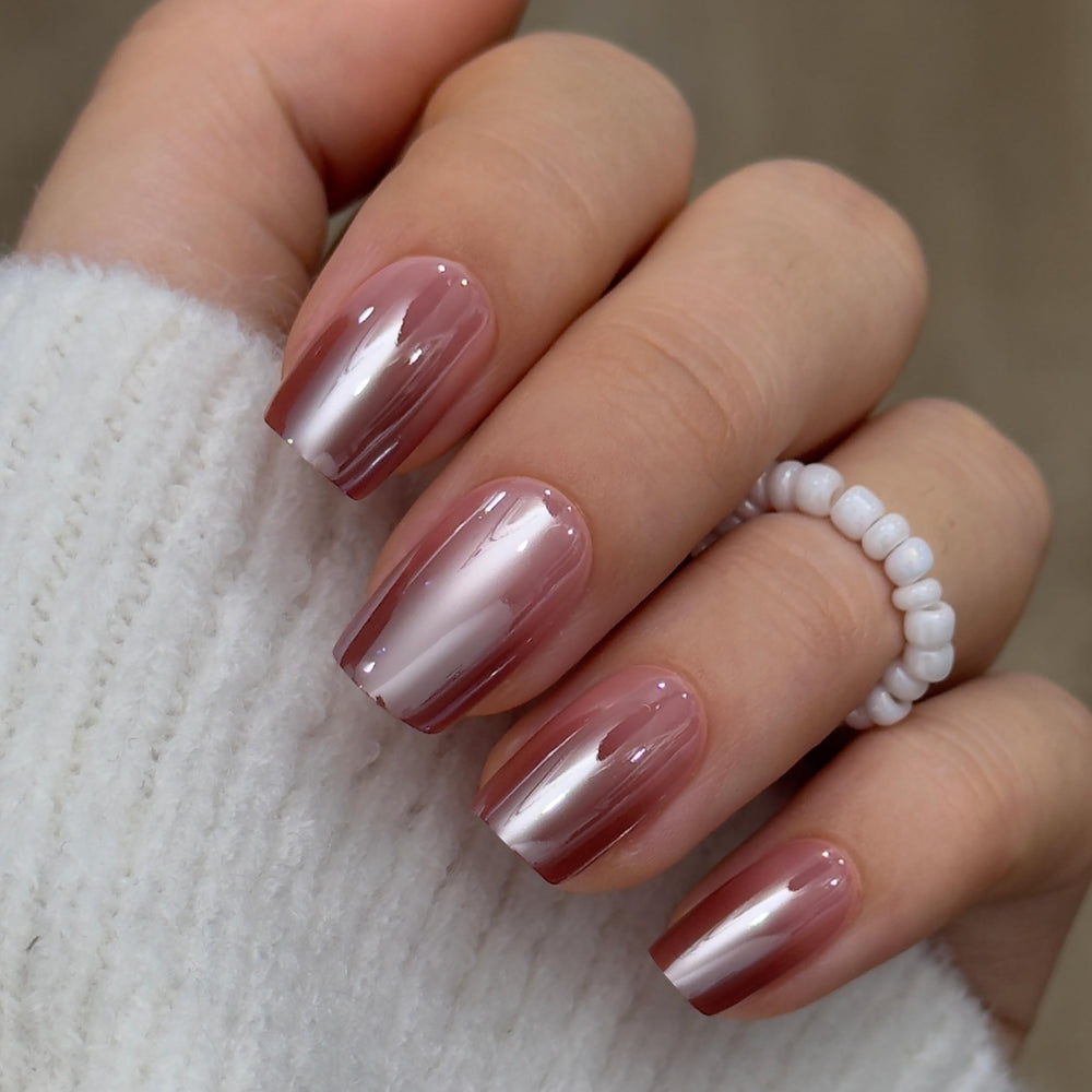CurvLife close-up of glossy apricot-brown pearl finish highlighting handmade gel detail
