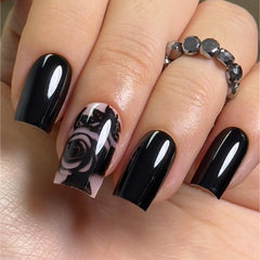 CurvLife close-up of black rose pattern and gel polish finish highlighting durable color