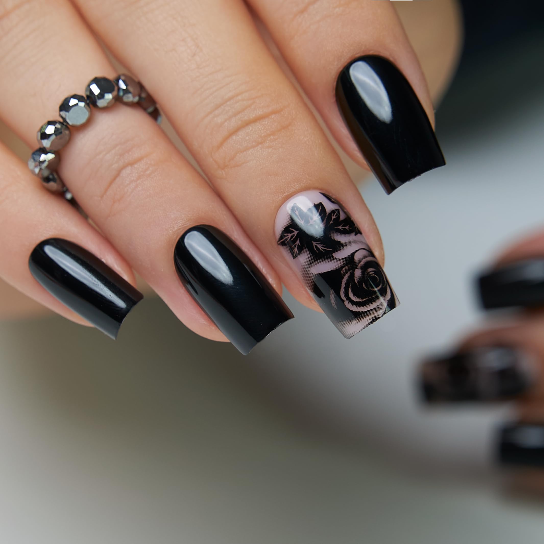 CurvLife front packaging showing black rose nails and included accessories for easy at-home manicures