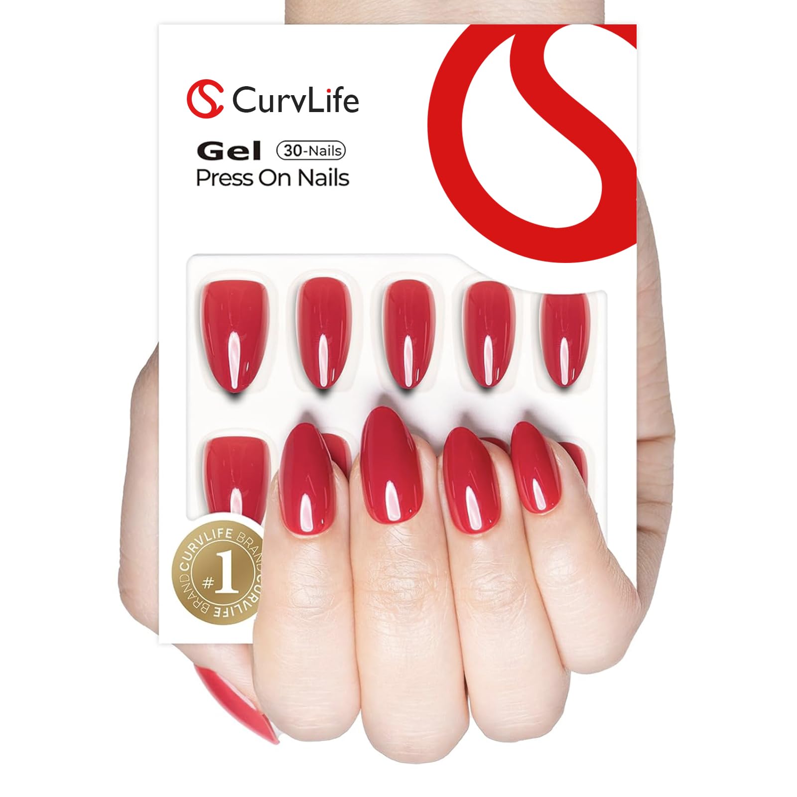 CurvLife close-up of glossy gel finish on almond tip showcasing chip-resistant shine