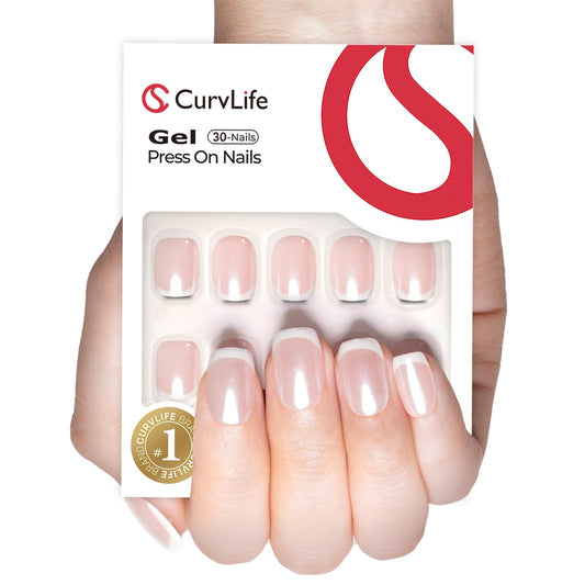 Curvlife close-up of pearl French tip gloss highlighting hand-applied gel detail