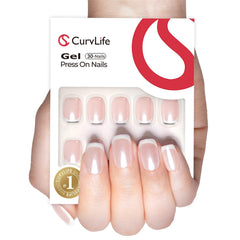 Curvlife close-up of pearl French tip gloss highlighting hand-applied gel detail