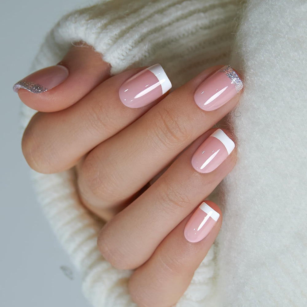 Curvlife close-up of silver glitter fade French tip highlighting fine detail