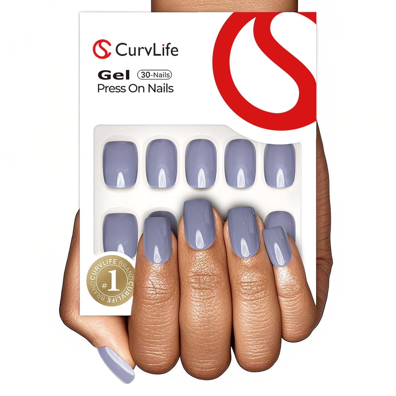 CurvLife front packaging showing apricot glossy nude nails and kit benefit