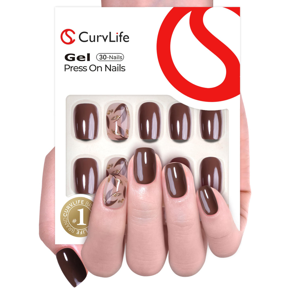 CurvLife front packaging showing botanical brown nails and included kit for instant manicure