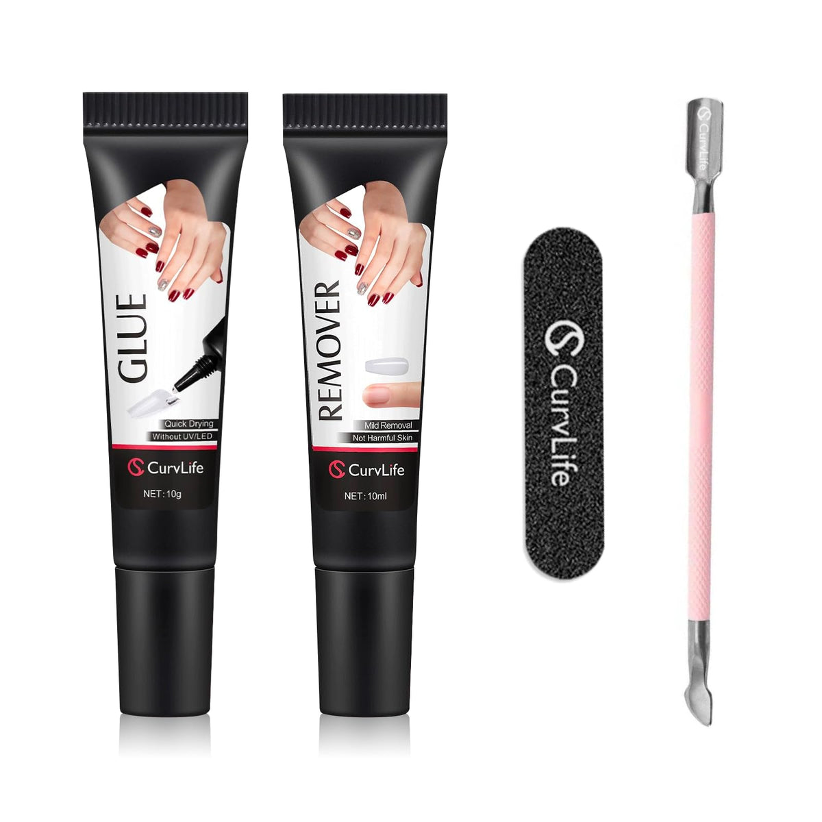 CurvLife front packaging showing glue and remover for fast application