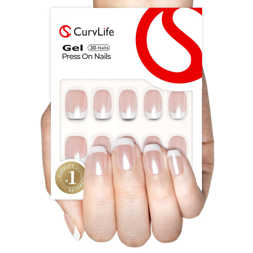 CurvLife front packaging showing glossy short French-tip set and storage box benefit organization