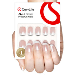 CurvLife front packaging showing glossy short French-tip set and storage box benefit organization