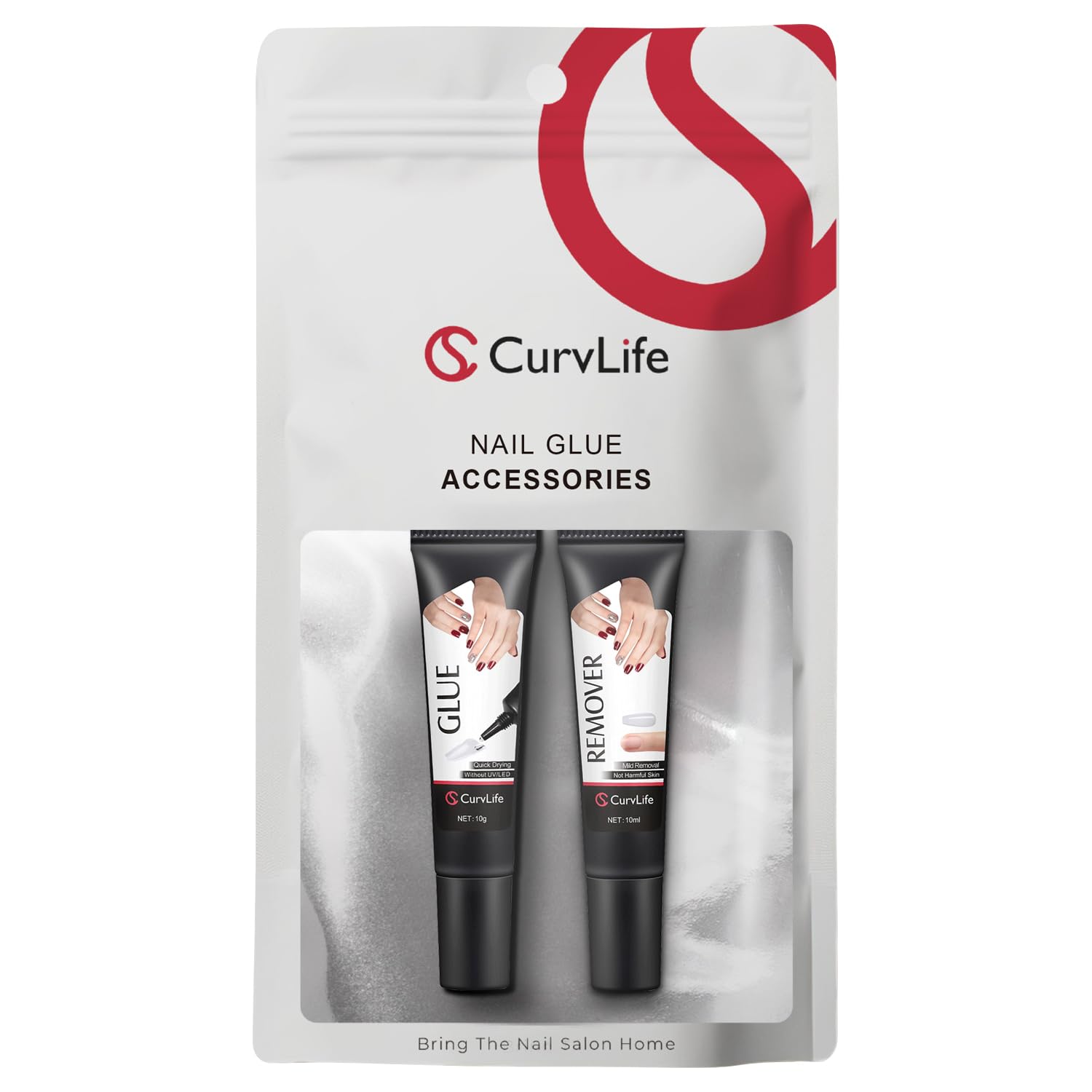 CurvLife front packaging showing glue and remover kit for neat travel-ready nails
