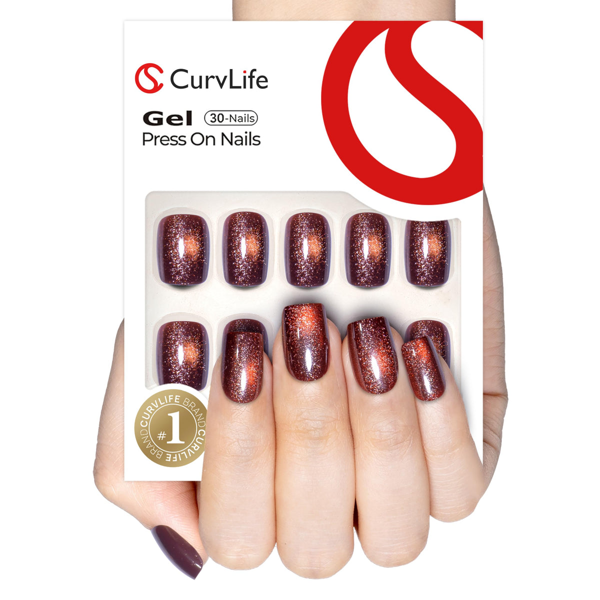 CurvLife front view of apricot brown cat-eye nails showing polished finish benefit