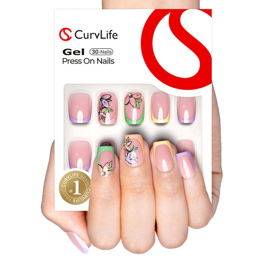 CurvLife front view of rainbow flower French full set showing polished look and convenience