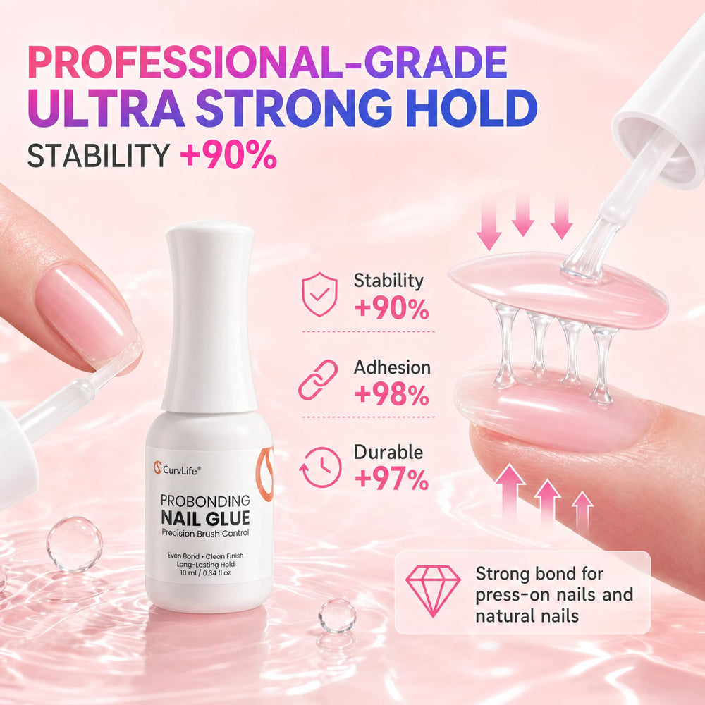 CurvLife applied to press-on nail showing clean edge bonding