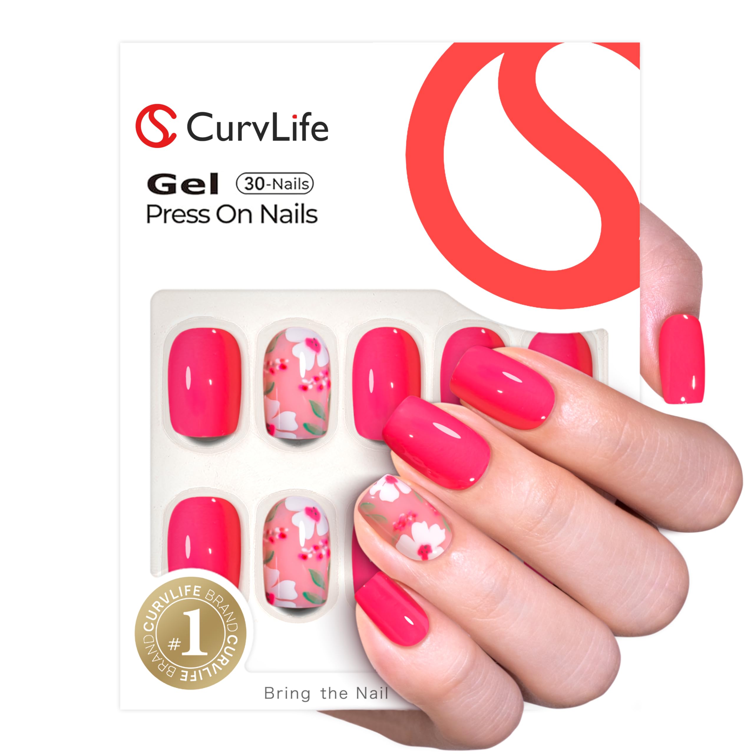 Curvlife scarlet front packaging showing polished full-cover nails and kit benefits