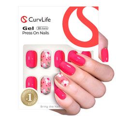Curvlife scarlet front packaging showing polished full-cover nails and kit benefits