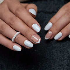CurvLife nails worn by model at a wedding, romantic natural manicure benefit