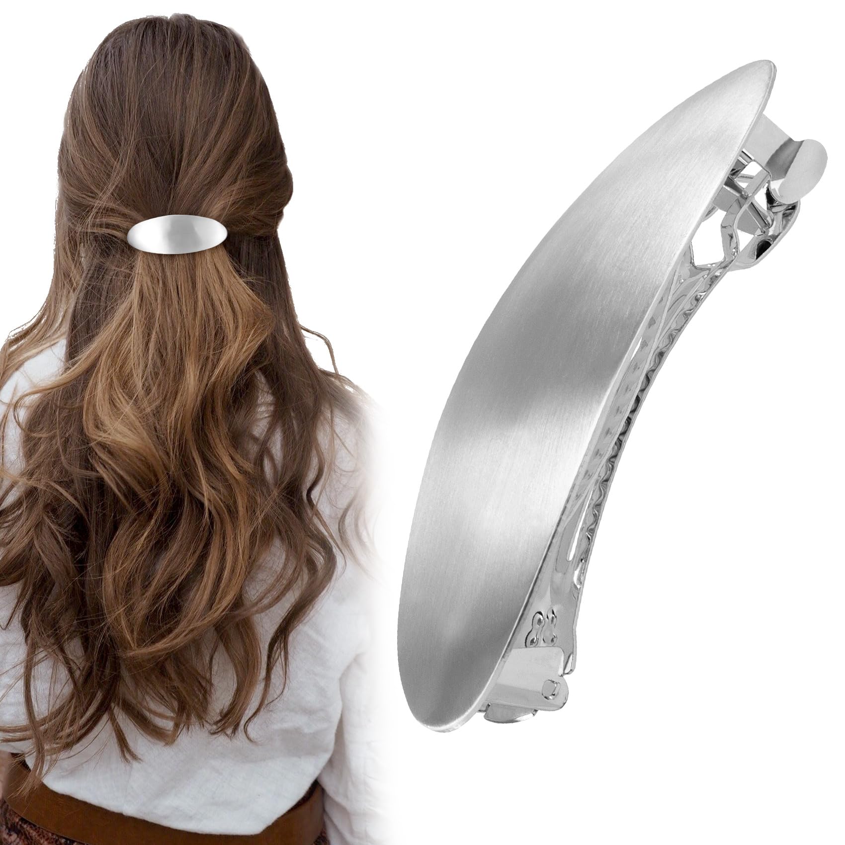CustomyLife oval barrette front view showing silver finish and oval shape for polished style