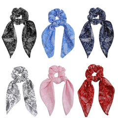 Cutewing front packaging showing six paisley chiffon scrunchies and colors