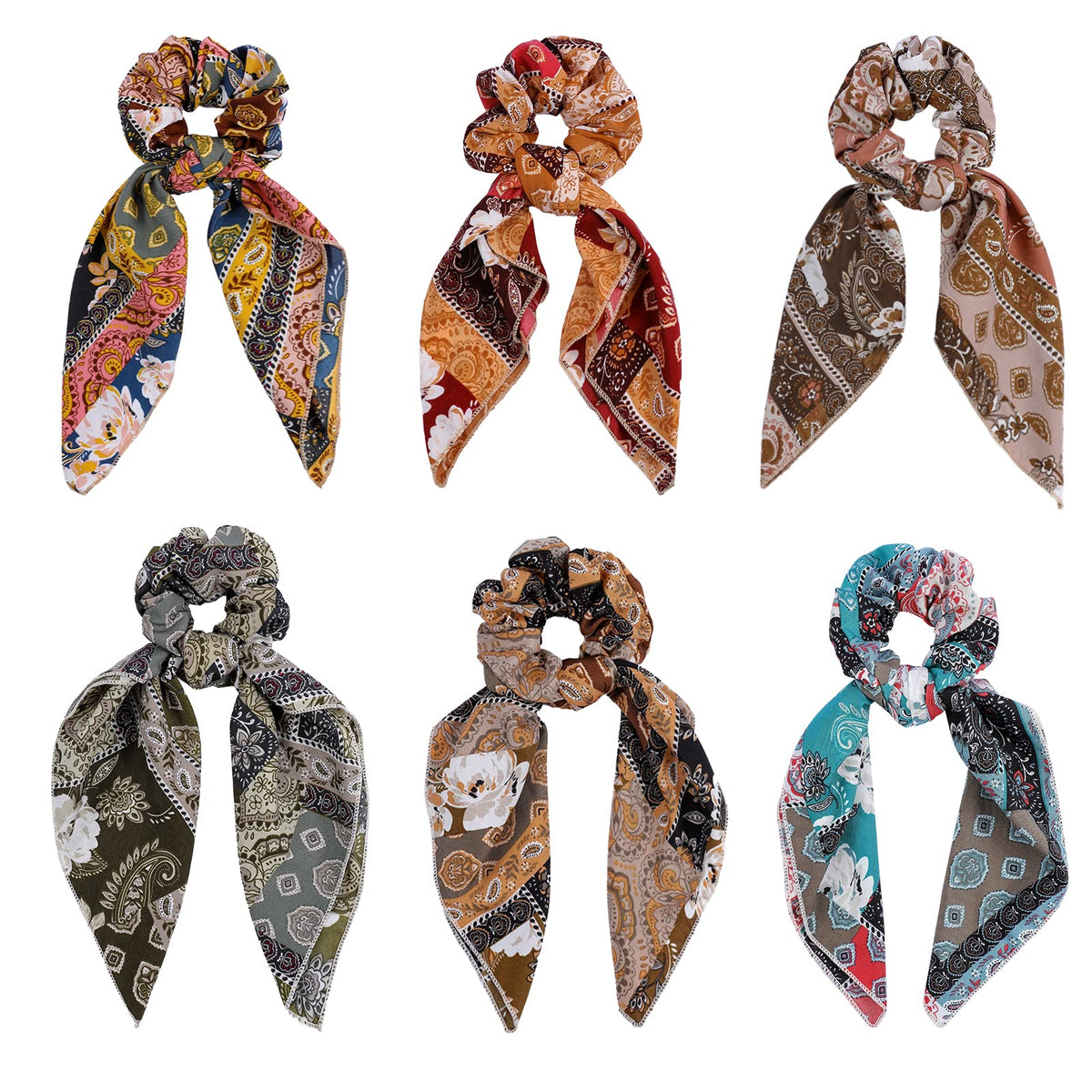 Cutewing paisley scrunchie pack front view showing six colors and gift-ready look