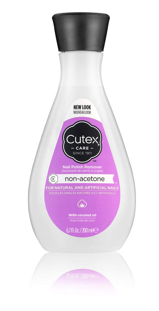 Cutex non-acetone front bottle showing label and easy-pour cap benefits nails