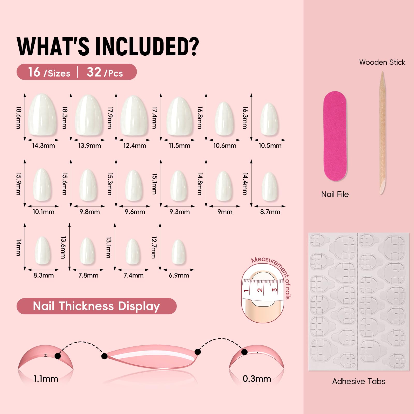 CUZIAM nails arranged by size showing 16 sizes for a precise fit and comfort
