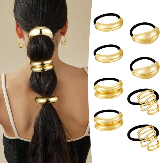 CWJCYTNSN front view of eight gold hair ties showing polished cuffs and elastics