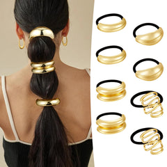CWJCYTNSN front view of eight gold hair ties showing polished cuffs and elastics